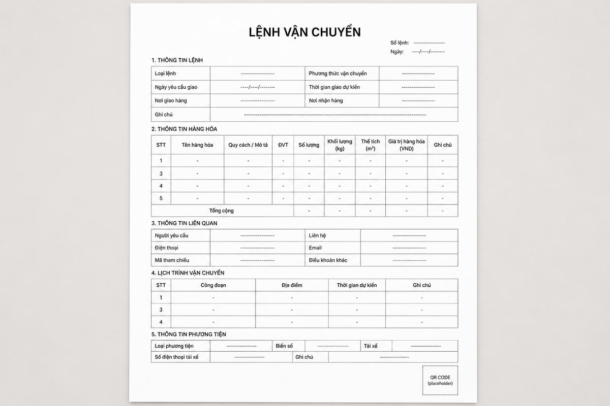 Ảnh xem trước mẫu Lệnh vận chuyển điện tử A4 kèm mã QR